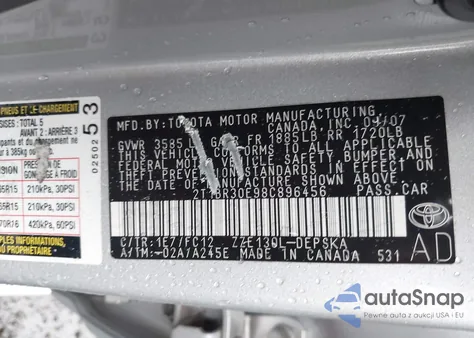 2008 Toyota Corolla S z USA, uszkodzony, nr VIN 2T1BR30E98C896456